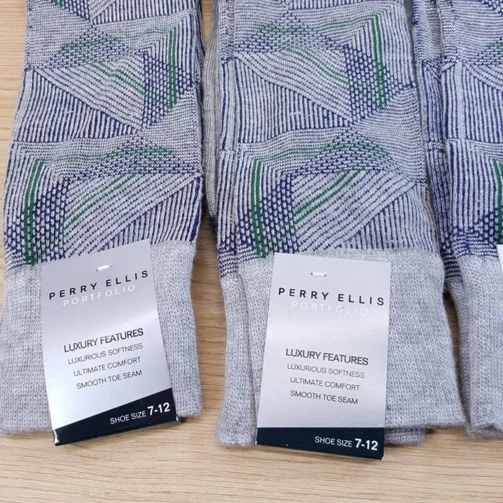 PERRY ELLIS Crew Dress Socks Grey 3-Pack Stripe Rayon Ultimate Soft Comfort